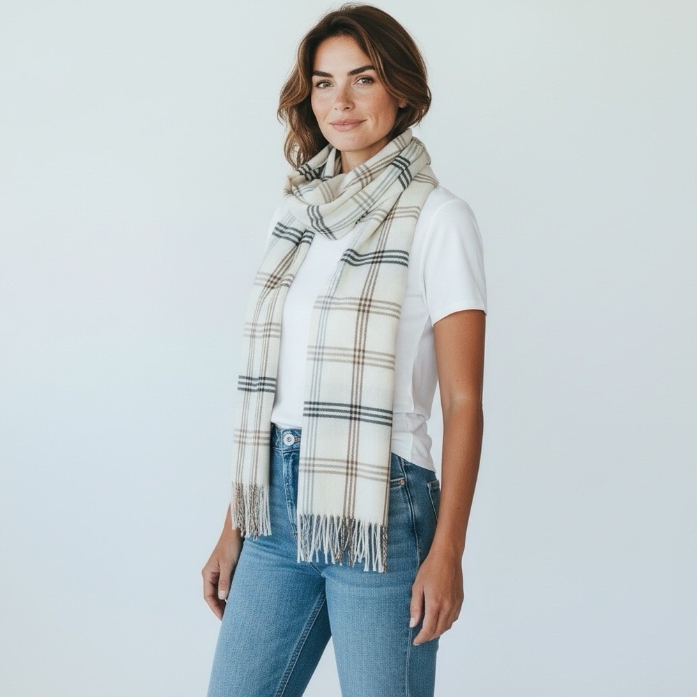 100% CASHMERE SCARF‎ Hand-Tailored Cream Plaid Fringe Shawl 72 X 12 GERMANY